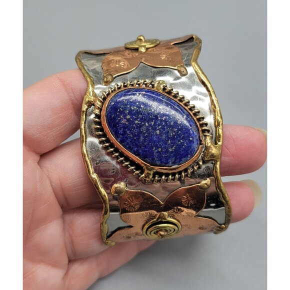 Mixed Metal Copper Flower Blue Lapiz Lazuli Cuff Bracelet B1A - Picture 7 of 9